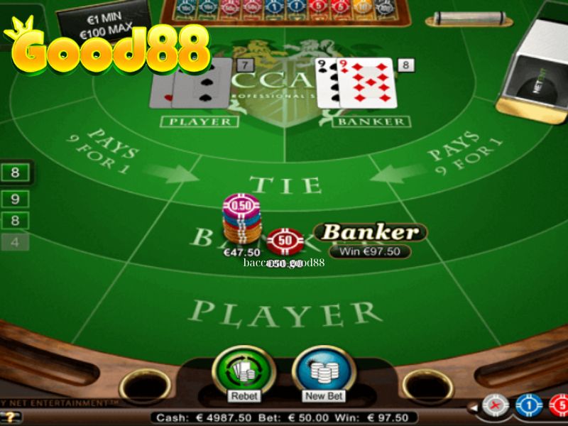 Baccarat GOOD88 với các cửa Player, Banker và Tie trên bàn cược.