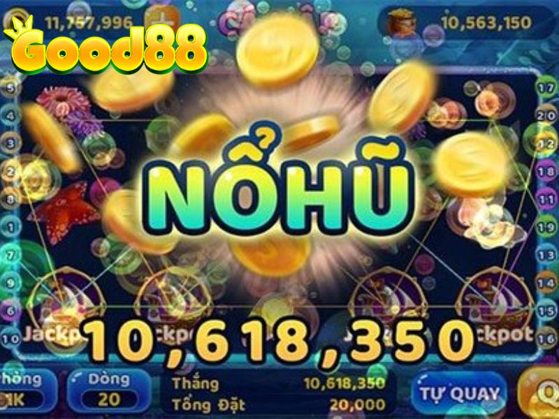 Nổ Hũ GOOD88 với giao diện slot, biểu tượng trò chơi và đồng xu.