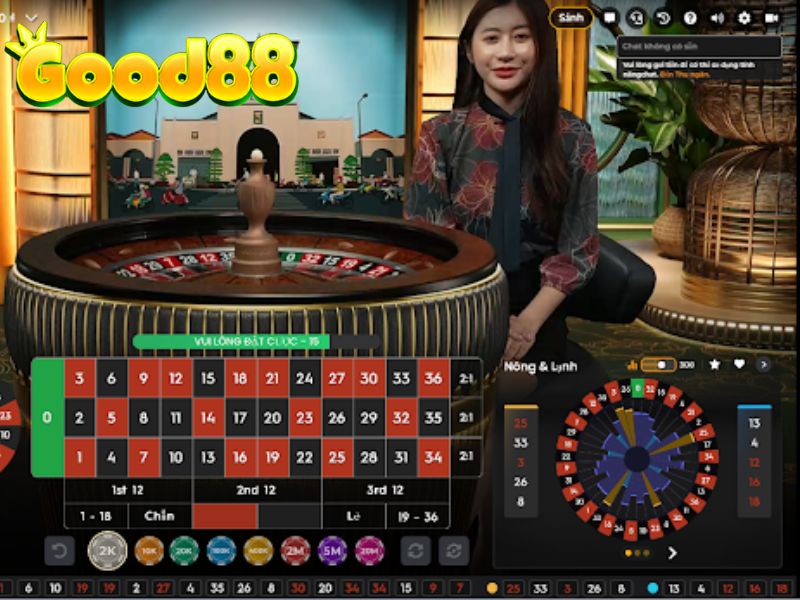 Bàn roulette GOOD88 với dealer, vòng quay và bảng số cược.