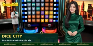 Bảng Dice City GOOD88 với các ô số, biểu tượng bonus và hai viên xúc xắc.
