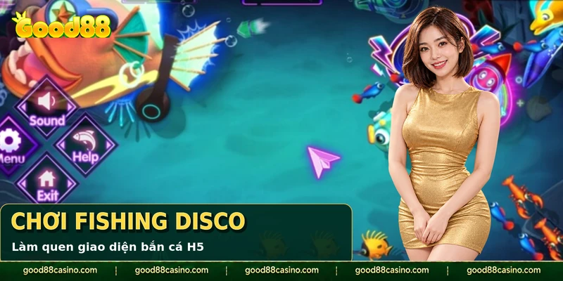 Giao diện Fishing Disco với các mục Sound, Help và Exit cạnh màn chơi.